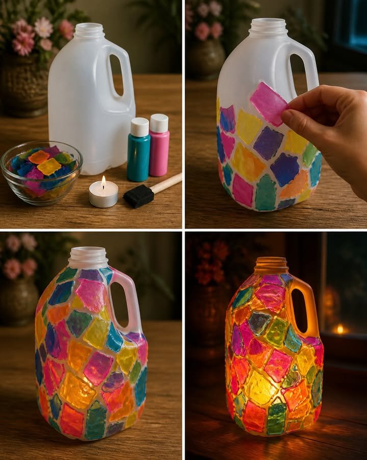 The DIY mosaic milk jug lantern turns a recycled container into a beautiful glowing decoration. ✨