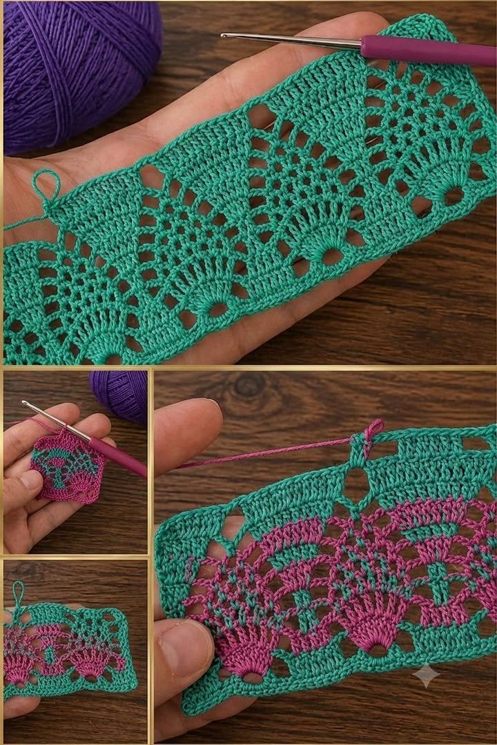 🩵🩷 Dieses Spitzen-Detail ist atemberaubend! Egal, ob Sie es in einfarbigem Petrol oder mit einem Hauch von Magenta kombinieren, dieser offene Fächerstich ist pure Magie! 😍 Möchten Sie das kostenlose Muster & Tutorial?