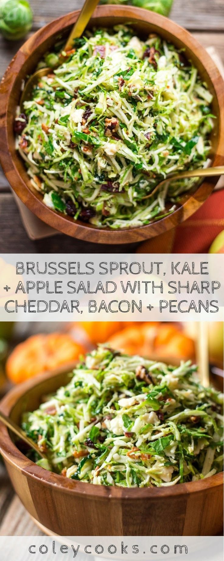 Crunchy Brussels Sprout, Kale, and Apple Salad with Sharp Cheddar, Bacon, and Pecans | Fall salad recipes brussels sprouts, Healthy fall salad, Thanksgiving side salad
