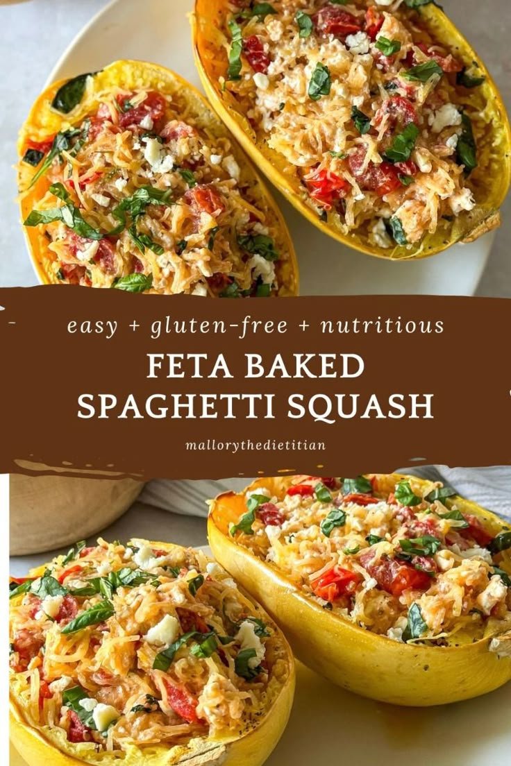 EASY Feta Baked Spaghetti Squash, dietitian recipe for a nutritious stuffed spaghetti squash!