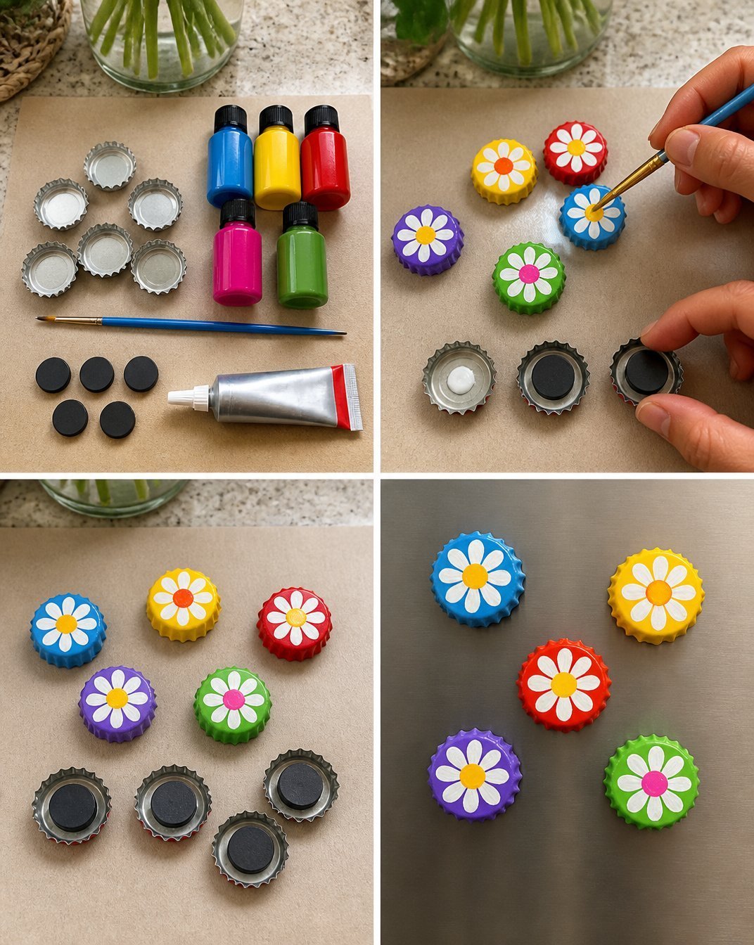 Bottle Cap Flower Magnets: How to Make 4 DIY Bottle Cap Flower Magnets