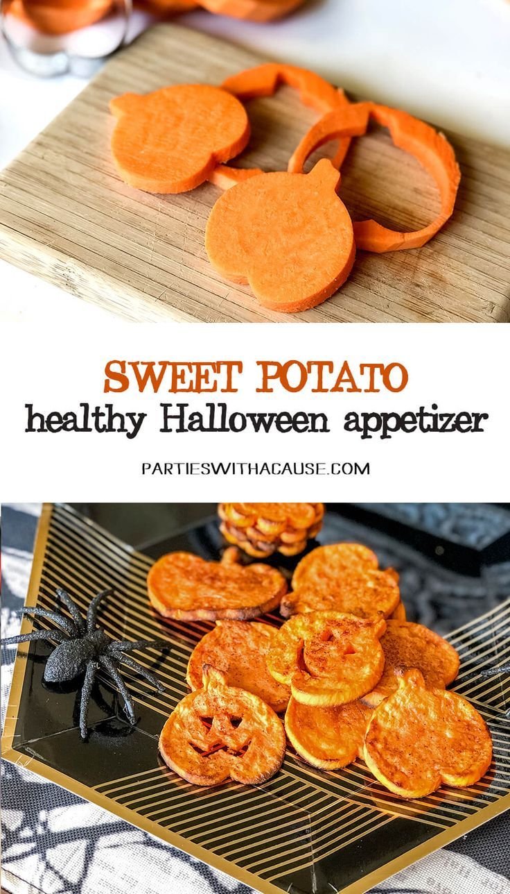 Healthy Halloween Party Appetizer: Spiced Baked Sweet Potato Rounds | Halloween sweet potato recipes, Halloween potato skins, Halloween food for party