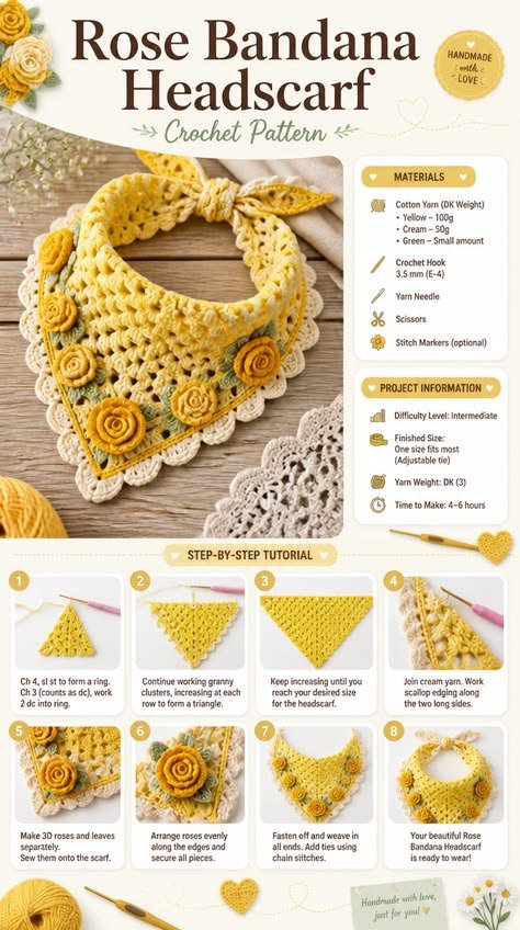 Rose Bandana Headscarf Crochet Pattern
