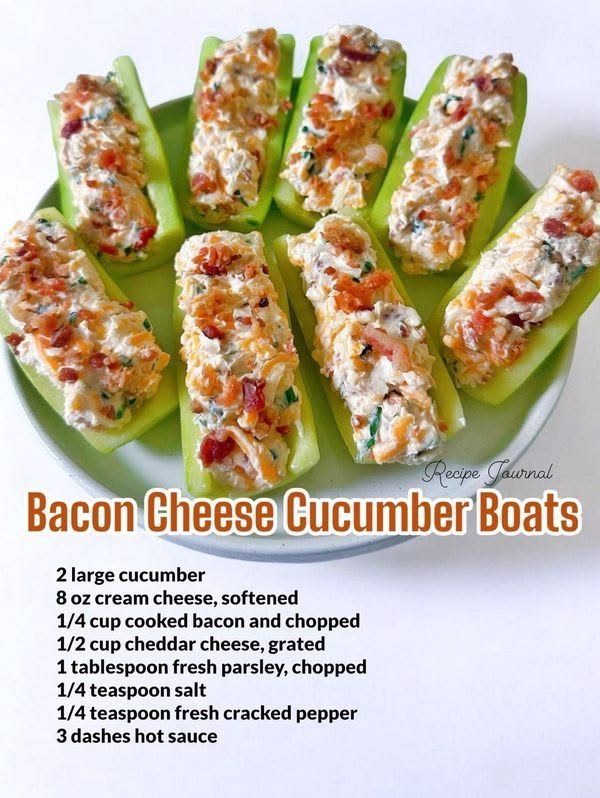 Easy Healthy Appetizers | Cucumber Appetizer Boats with Bacon and Cheese, Low Carb Boat Snacks, Easy Cucumber Boats Recipe