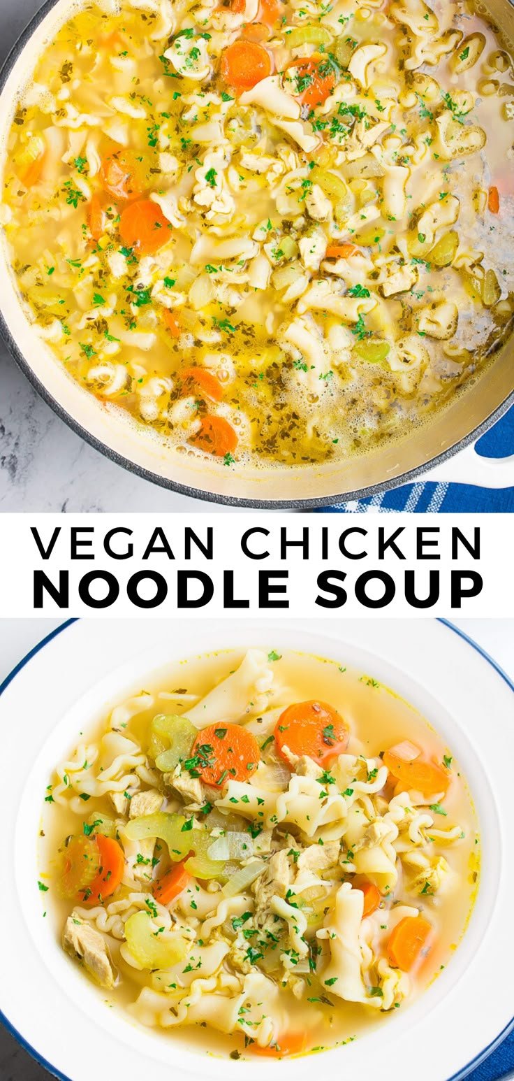 This Vegan Chicken Noodle Soup is just like the classic soup you grew up eating. Cozy, comforting and it tastes incredib… | How to make vegan chicken noodle soup, Creamy vegan chicken noodle soup, Vegan chicken-less soup