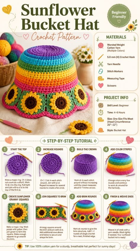 Beginner-Friendly Sunflower Bucket Hat Crochet Pattern
