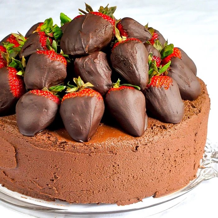 Chocolate Fudge Cake with Chocolate Truffle Dipped Strawberries