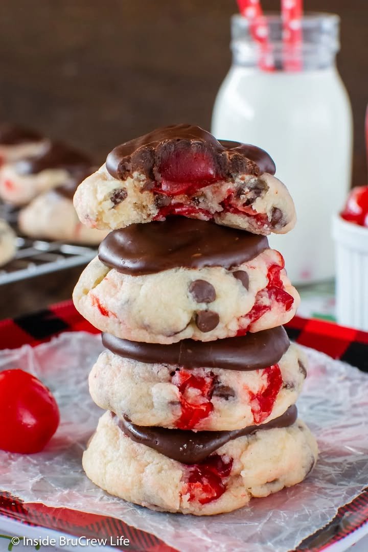 Chocolate Covered Cherry Cookies! 🍒 The soft & puffy cookies have a hidden cherry center topped with a layer of chocolate frosting. 

💕 Comment CHERRY below to have this recipe sent to you.