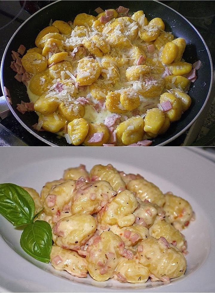 Gnocchi mit Käse Knoblauch Schinken Soße