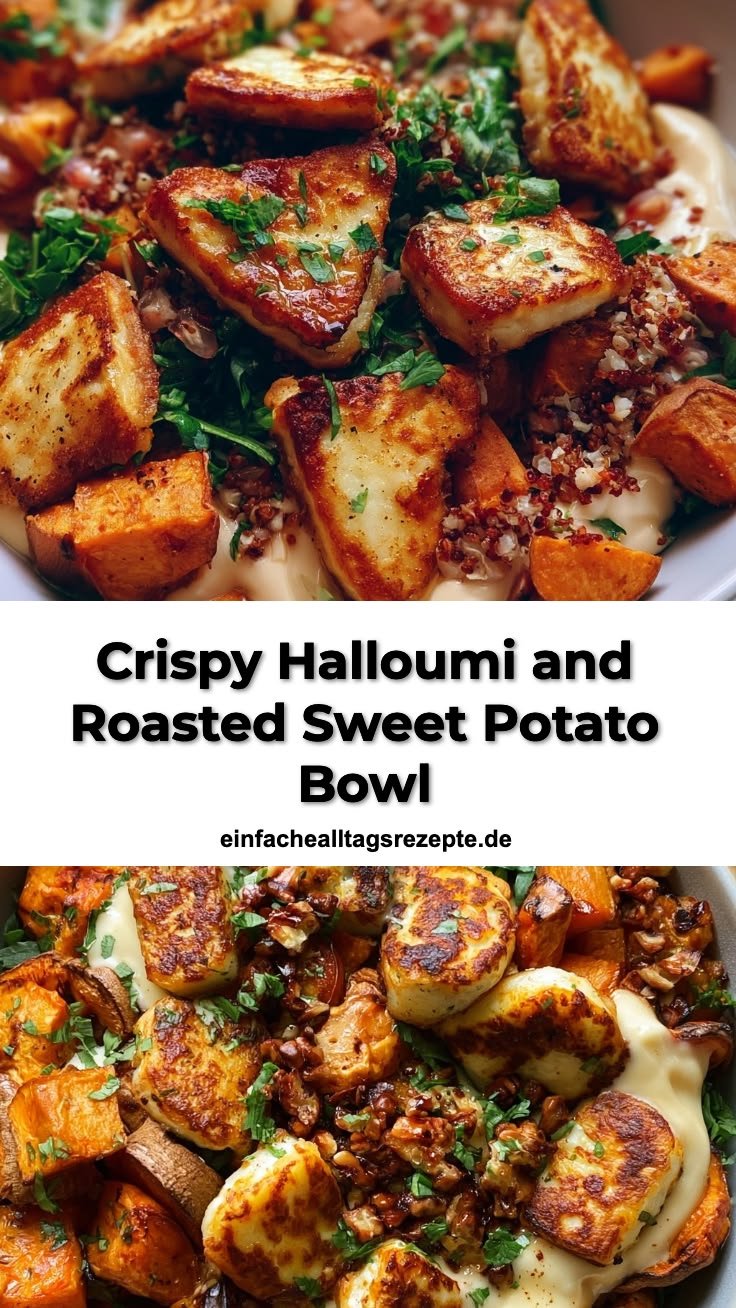 crispy halloumi und geröstete süßkartoffel bowl – gesund für dinner