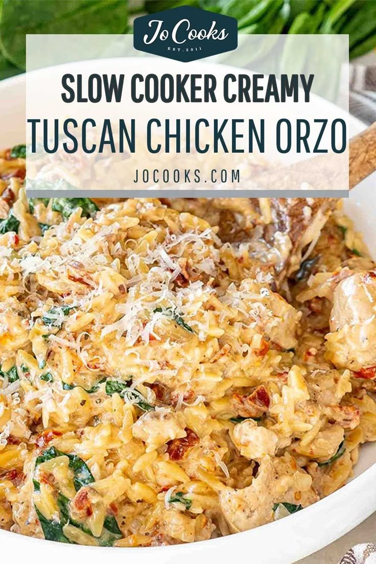 Whip up this heavenly Slow Cooker Creamy Tuscan Chicken Orzo | Make ahead dinners crockpot, Crockpot dinner idea, One pot crockpot recipes