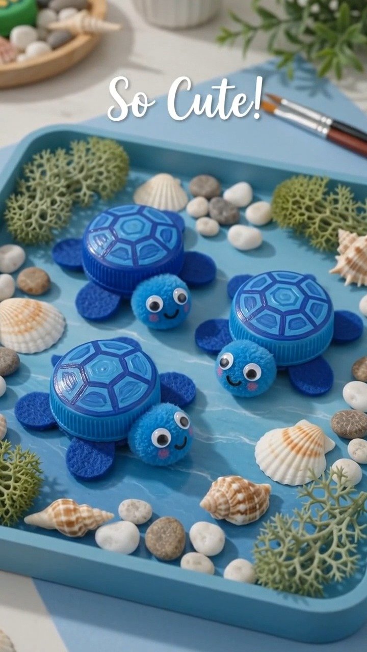 Blaue Flaschendeckel, Papierflipper und ein süßes kleines Gesicht ergeben eine bezaubernde Schildkröte mit viel recyceltem Charme.