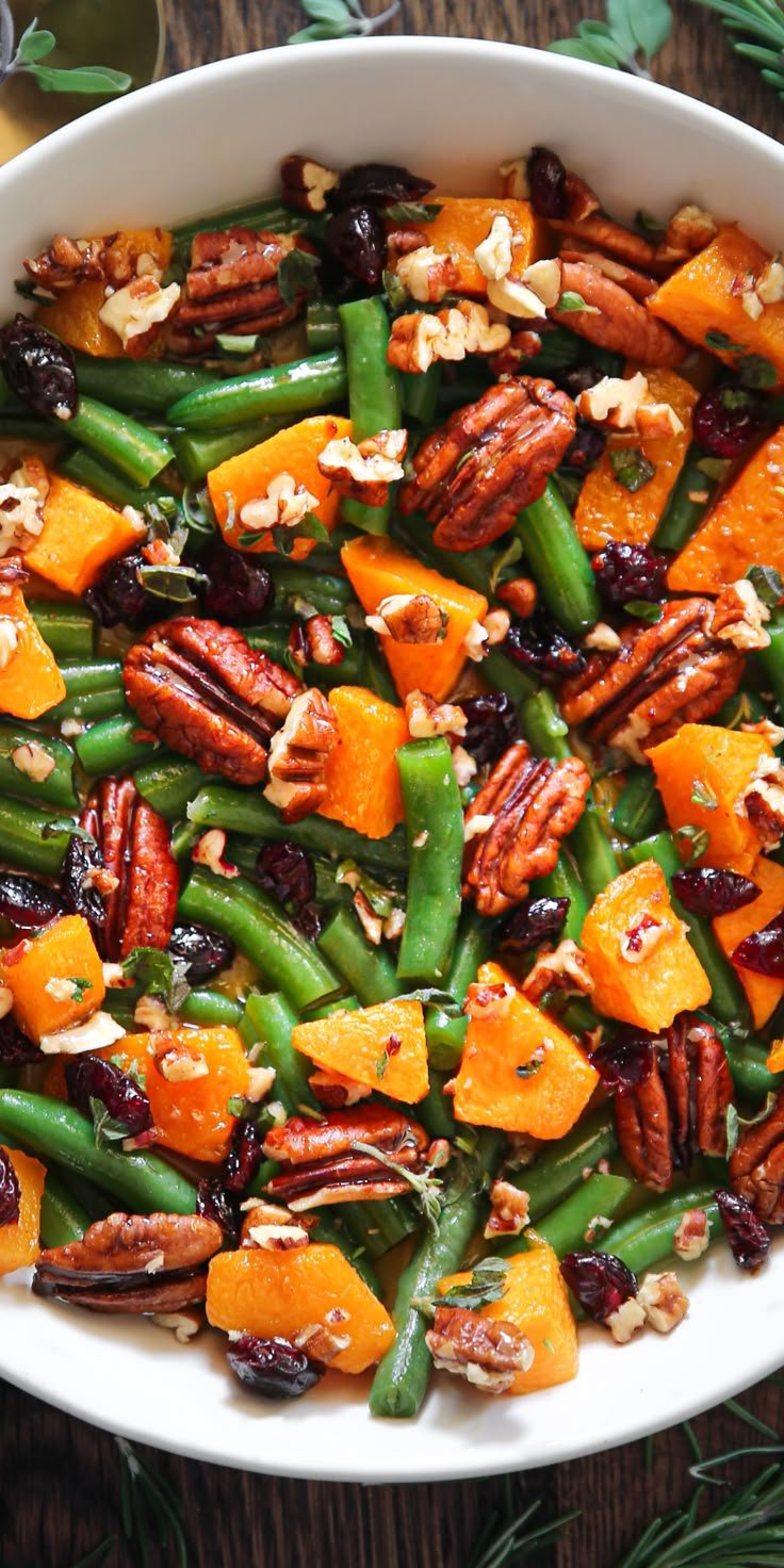Holiday Side Dish - Green Beans with Butternut Squash, Pecans, and Cranberries.