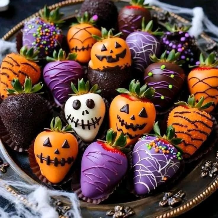 Halloween chocolate dipped strawberries | Chocolate covered strawberries for halloween, Halloween themed desserts, Halloween treats
