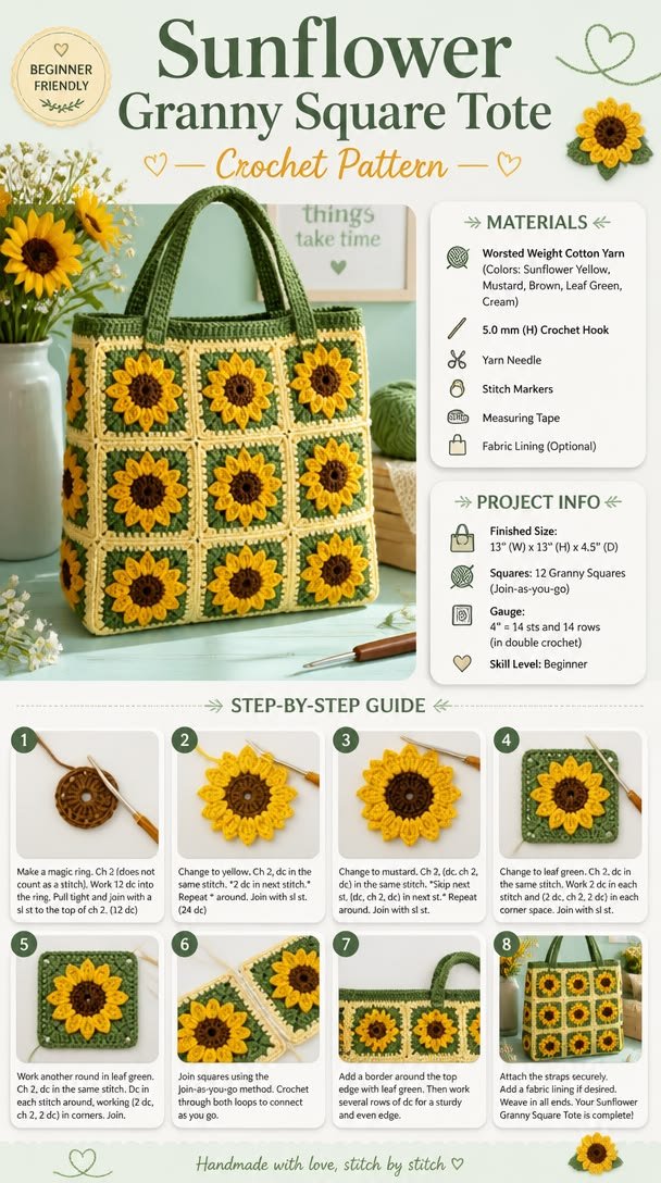 Sunflower Granny Square Tote Crochet Pattern