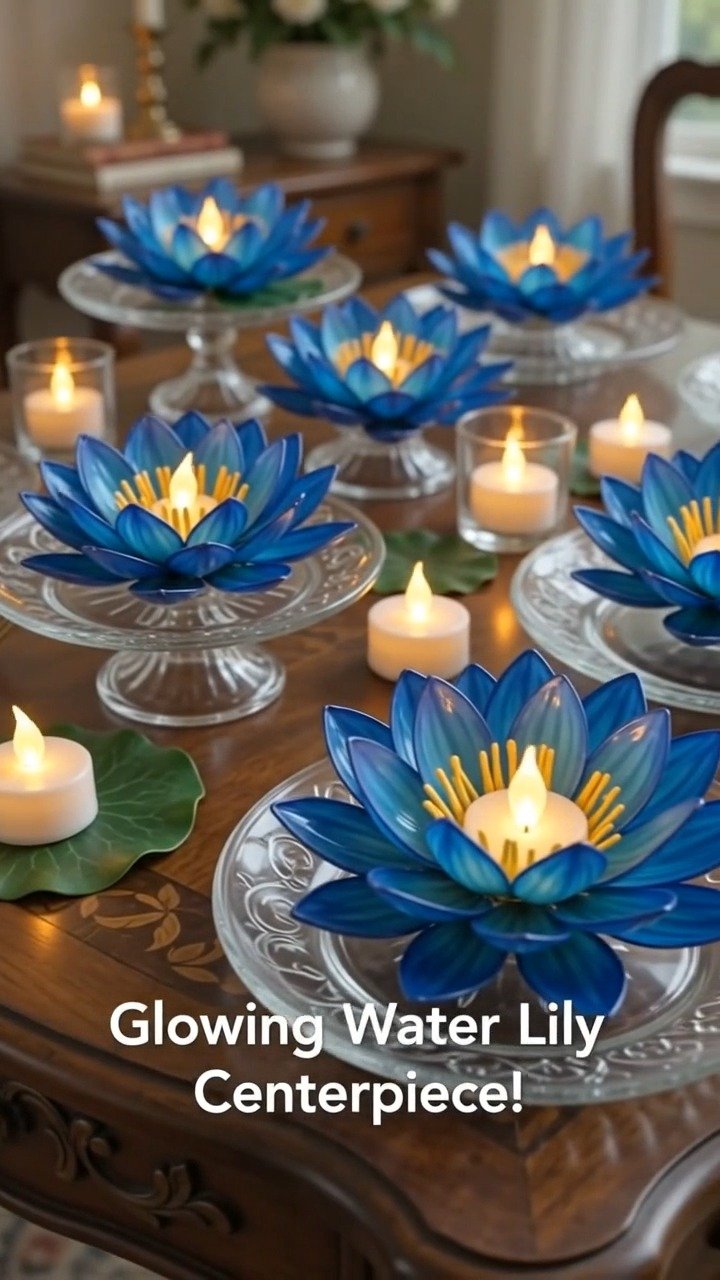 Layered plastic spoons create graceful water lilies, while metallic blue paint and tea lights add a soft glowing finish. 12 Layered plastic spoons create graceful water lilies, while metallic blue paint and tea lights add a soft glowing finish.