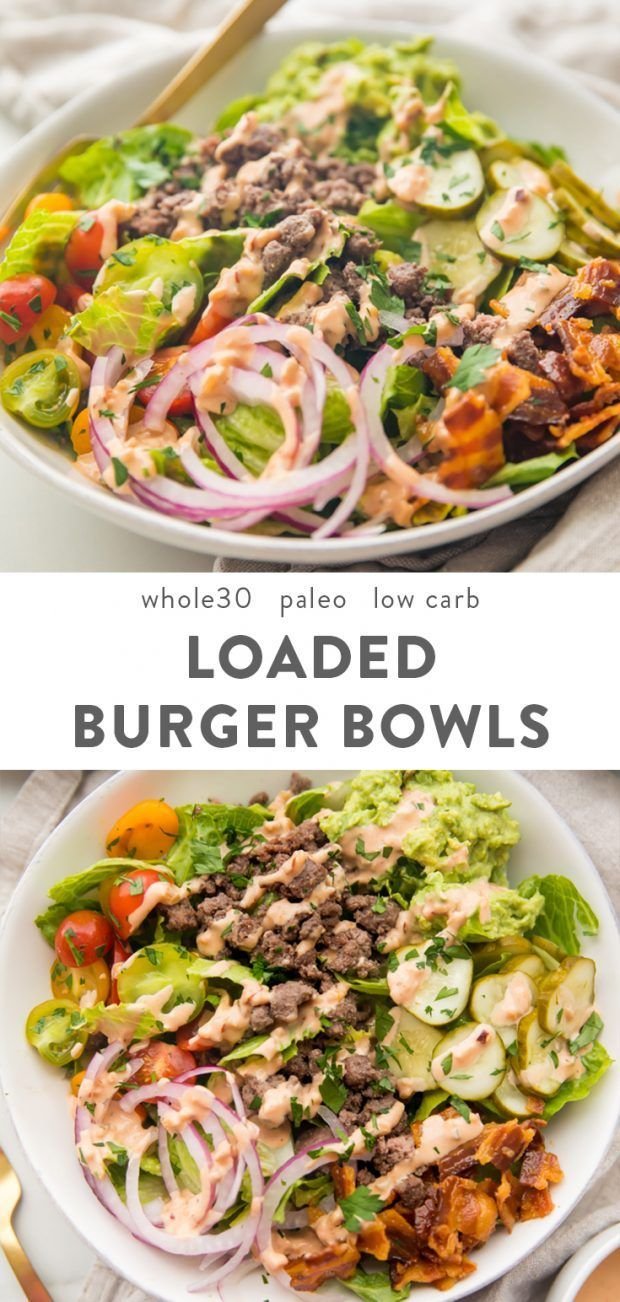 Burger Schalen (Whole30, Paleo, Low Carb) - #burger #paleo #schalen #whole30 - #rezepte | Whole 30 recipes burger bowl, Meal ideas, Loaded burger bowls