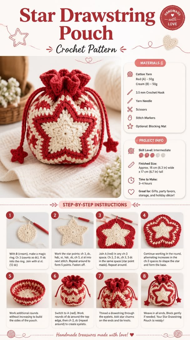 Star Drawstring Pouch Crochet Pattern
