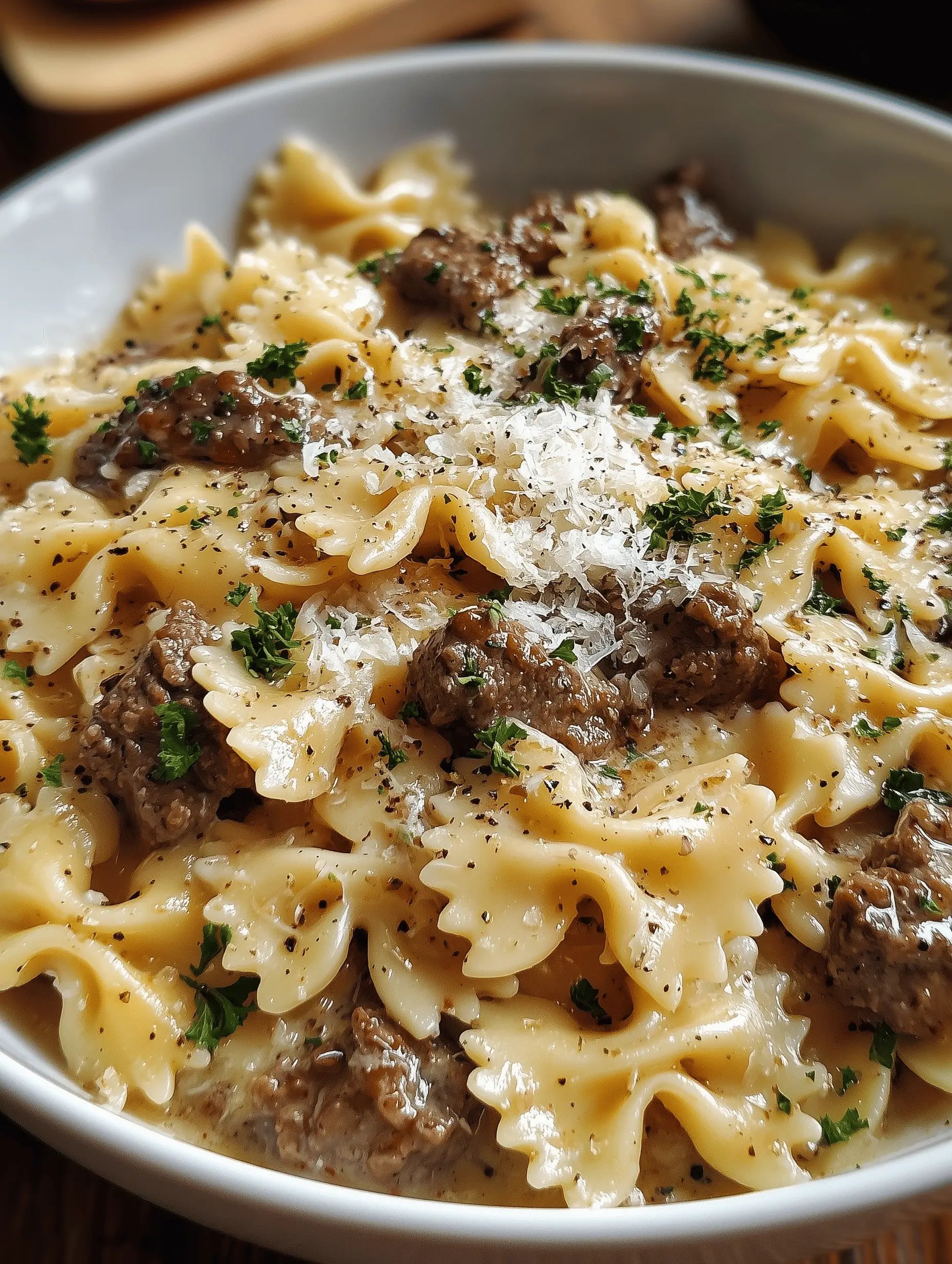 Creamy Parmesan Garlic Beef Bowtie Pasta