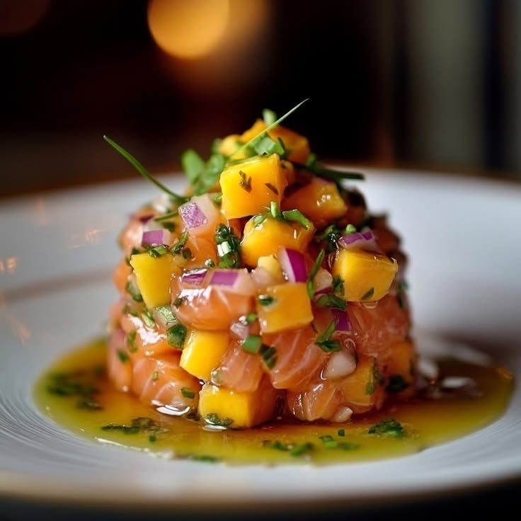 Ta - Tartare de saumon & mangue  Ingrédients (2 personnes)  200 g de saumon frais de qualité sashimi  1/2 mangue mûre ma… | Entrees recettes gastronomiques, Tartare de saumon mangue, Le saumon