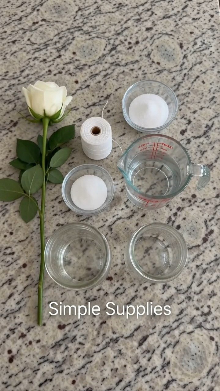 Eine echte weiße Rose verwandelt sich nach einer Nacht in einer warmen Boraxlösung in ein funkelndes Kristall-Erinnerungsstück.