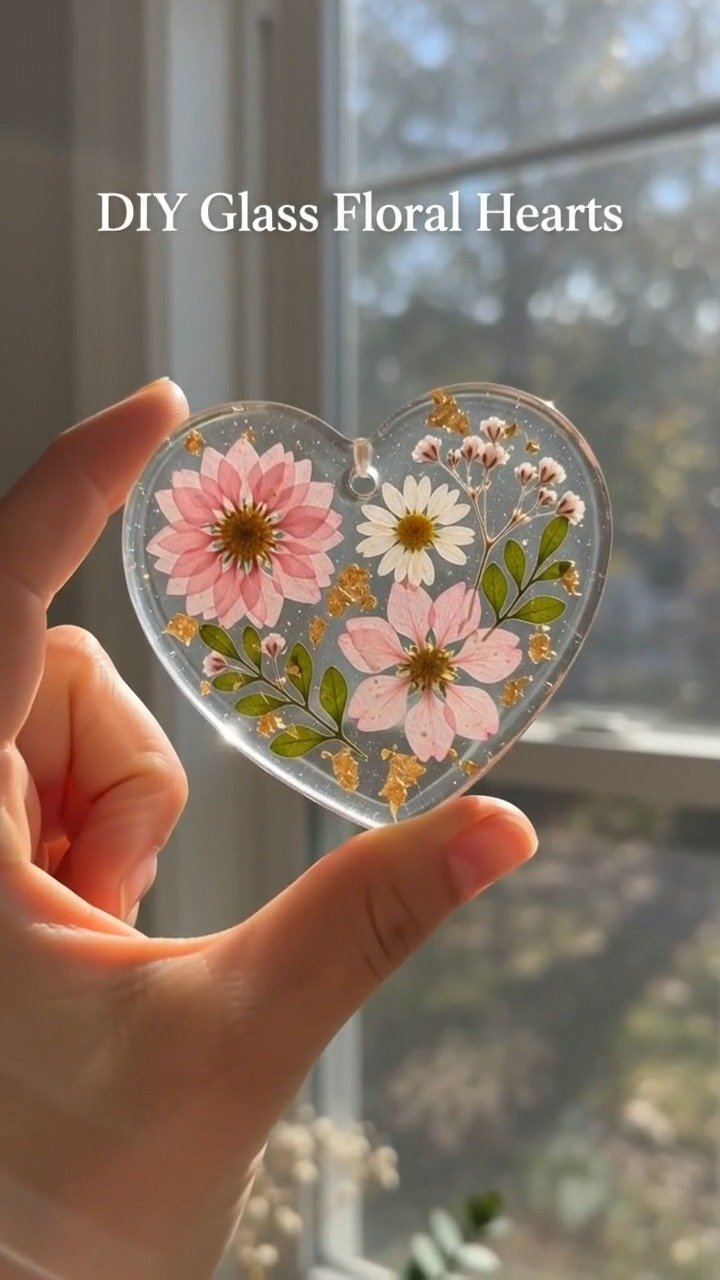 Gepresste Blumen und Goldflocken verleihen diesen Maisschmuckstücken ein zartes, glasähnliches Finish in Herz- und Blumenformen. Merk dir diese Idee für später.