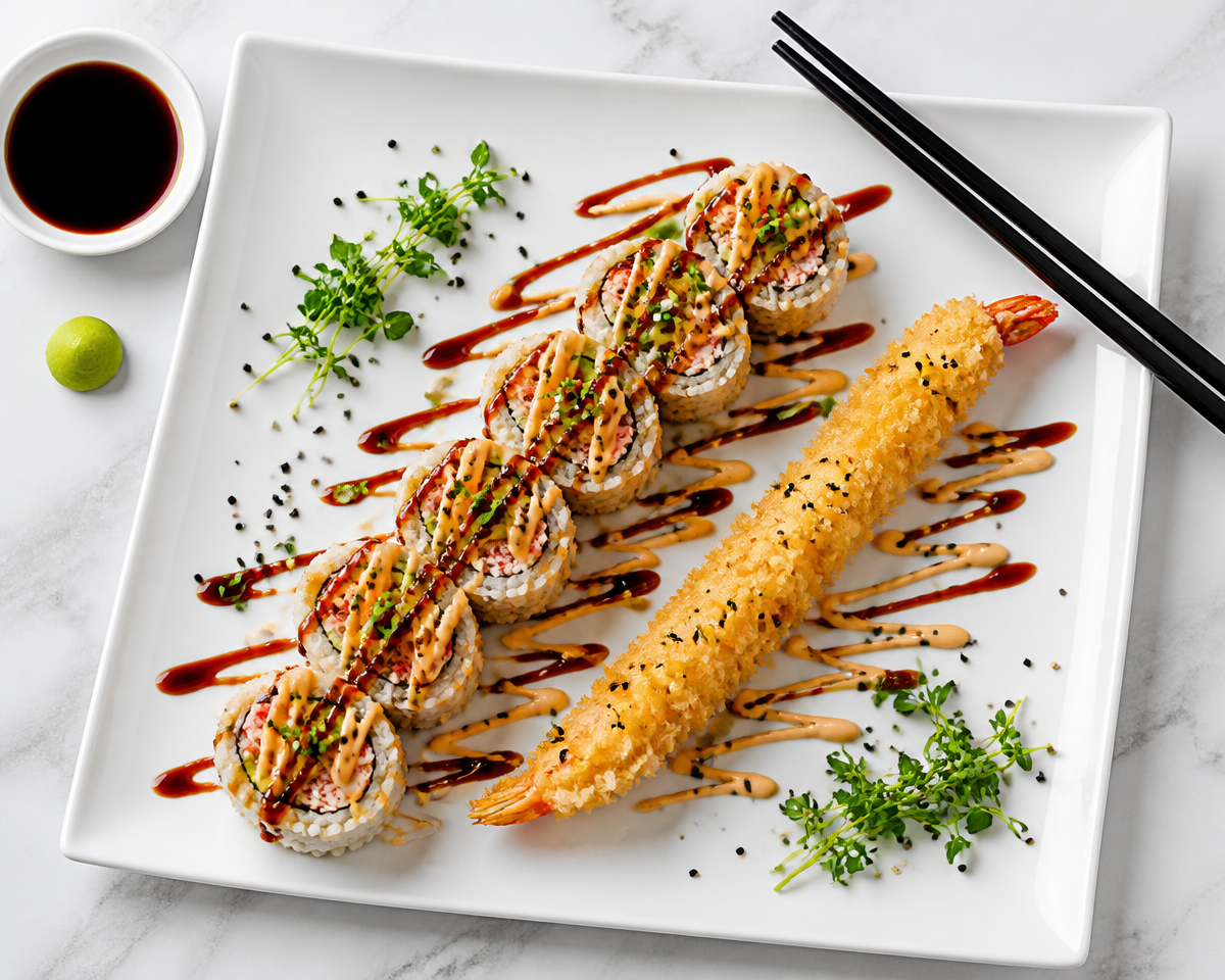 Dynamite Sushi Roll with Shrimp Tempura, Crab and Spicy Mayo Dynamite Sushi Roll with Shrimp Tempura, Crab and Spicy Mayo