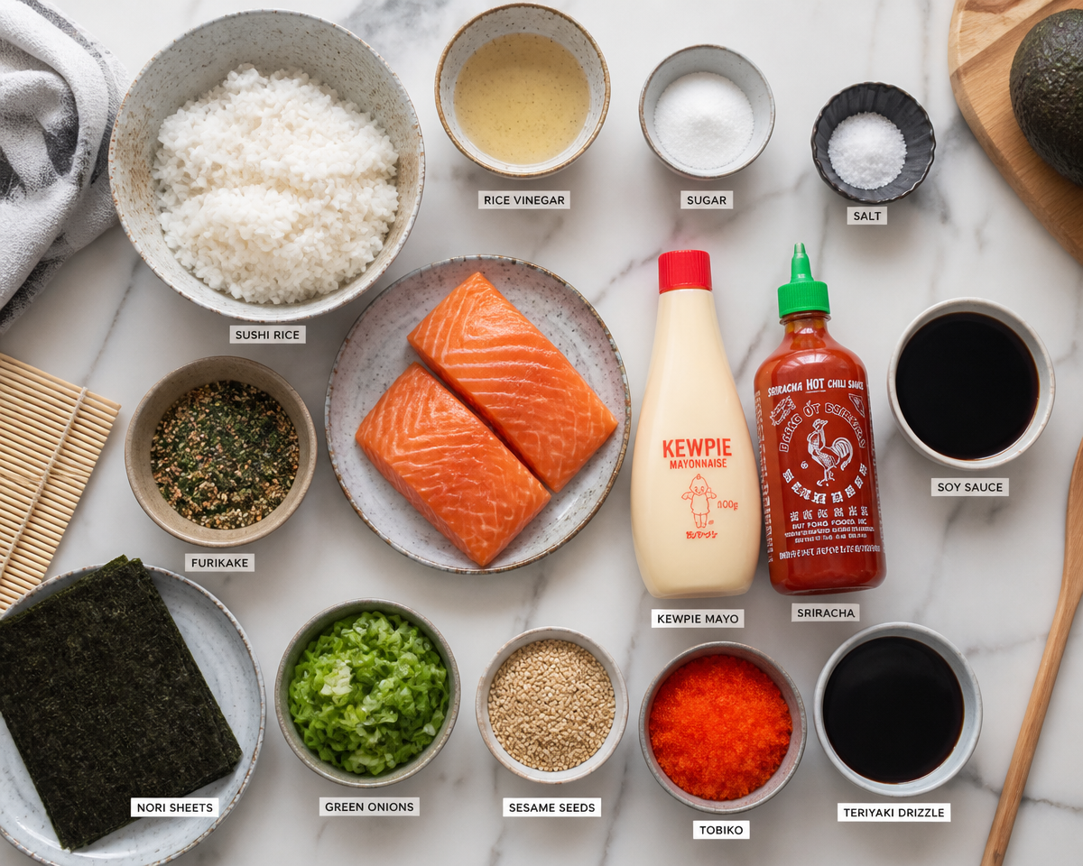 Salmon Sushi Bake with Kewpie Mayo, Furikake and Teriyaki Drizzle Salmon Sushi Bake with Kewpie Mayo, Furikake and Teriyaki Drizzle