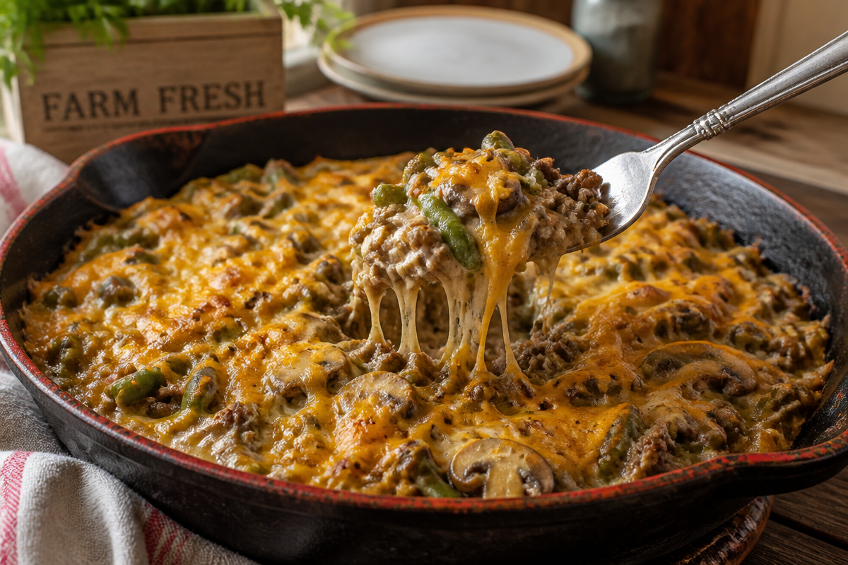 Hamburger Green Bean Casserole with Mushrooms