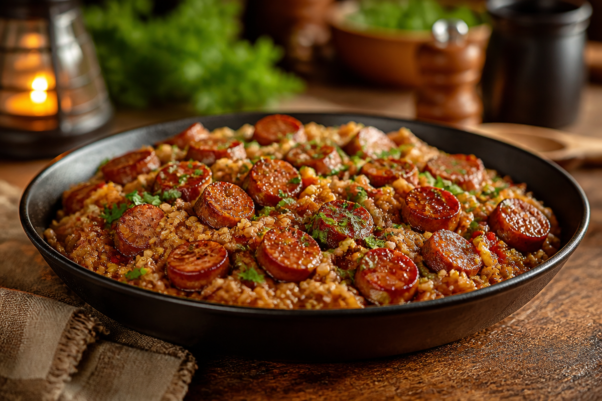 Sticky Honey Garlic Smoked Sausage Rice Skillet Delight