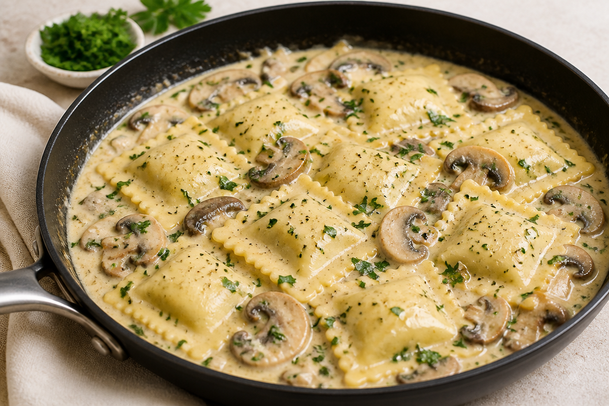 Steak and Ravioli with Creamy Garlic Herb Sauce
