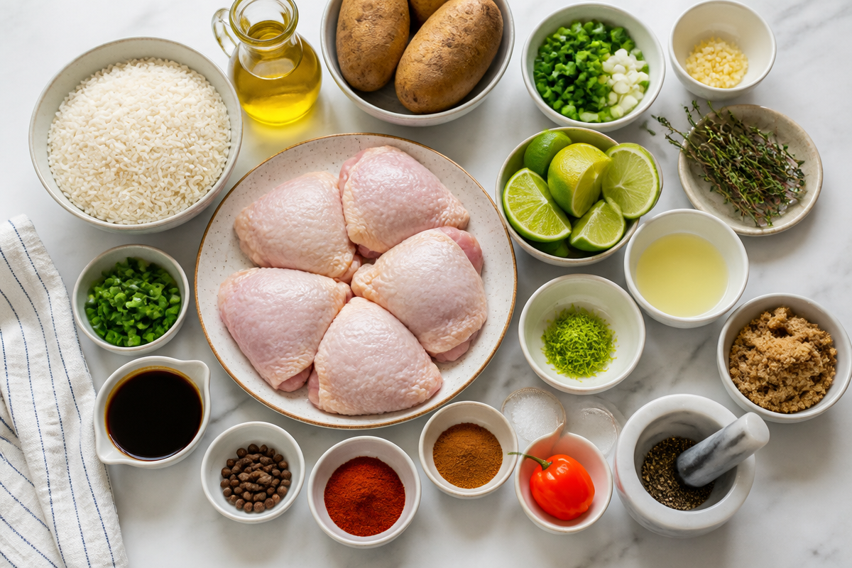Caribbean-Style Herb Chicken with Rice & Rustic Potato Wedges