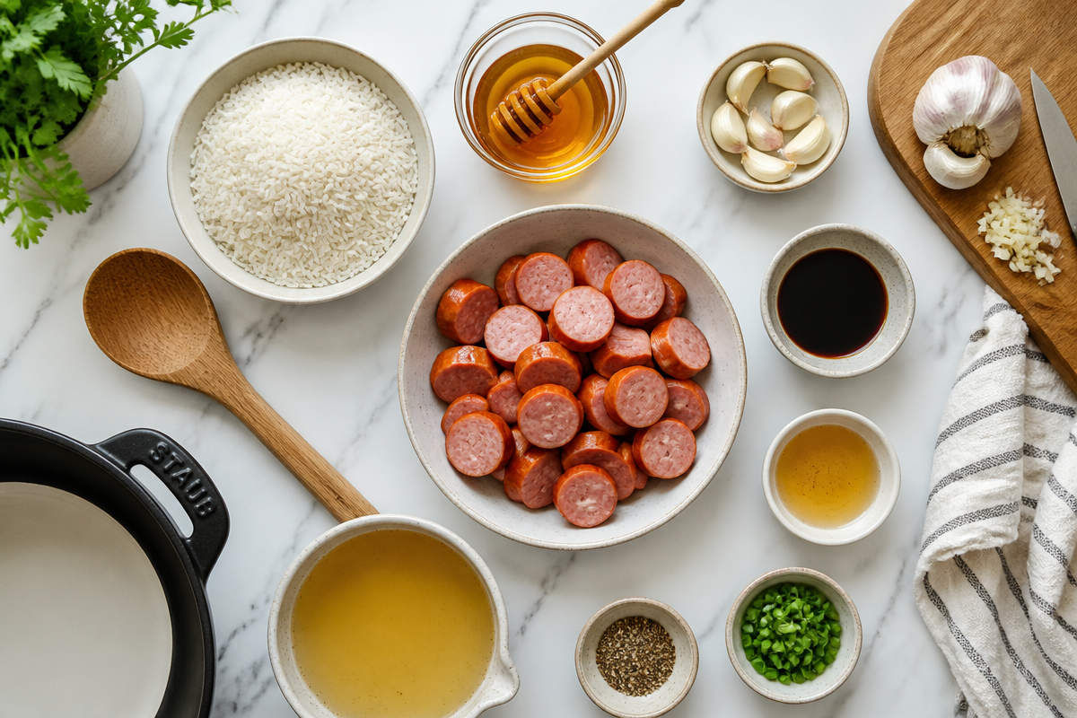 Sticky Honey Garlic Smoked Sausage Rice Skillet Delight