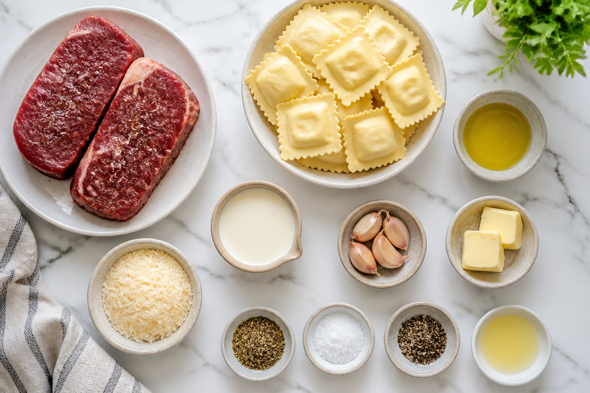 Steak and Ravioli with Creamy Garlic Herb Sauce