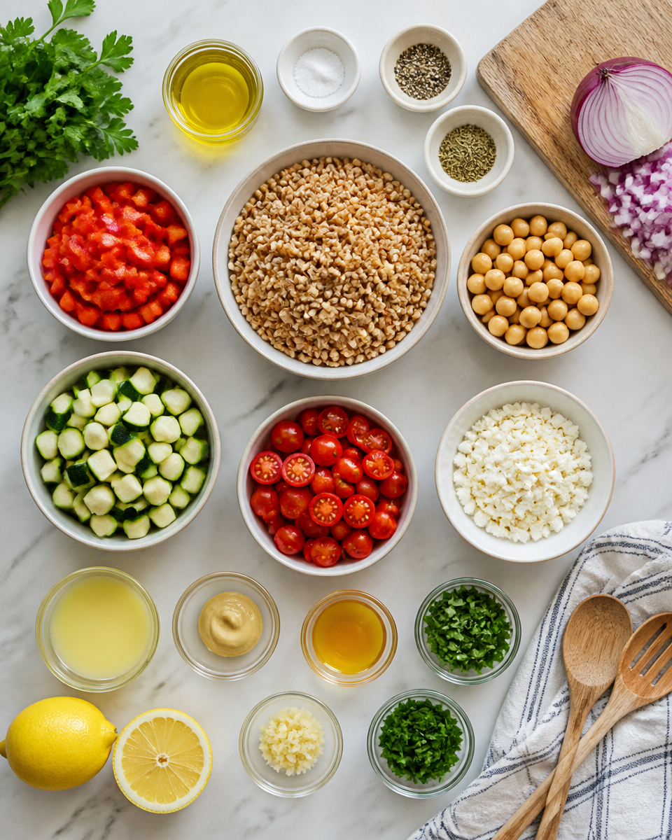 Easy Farro Salad Bowl — Roasted Veggie Feta