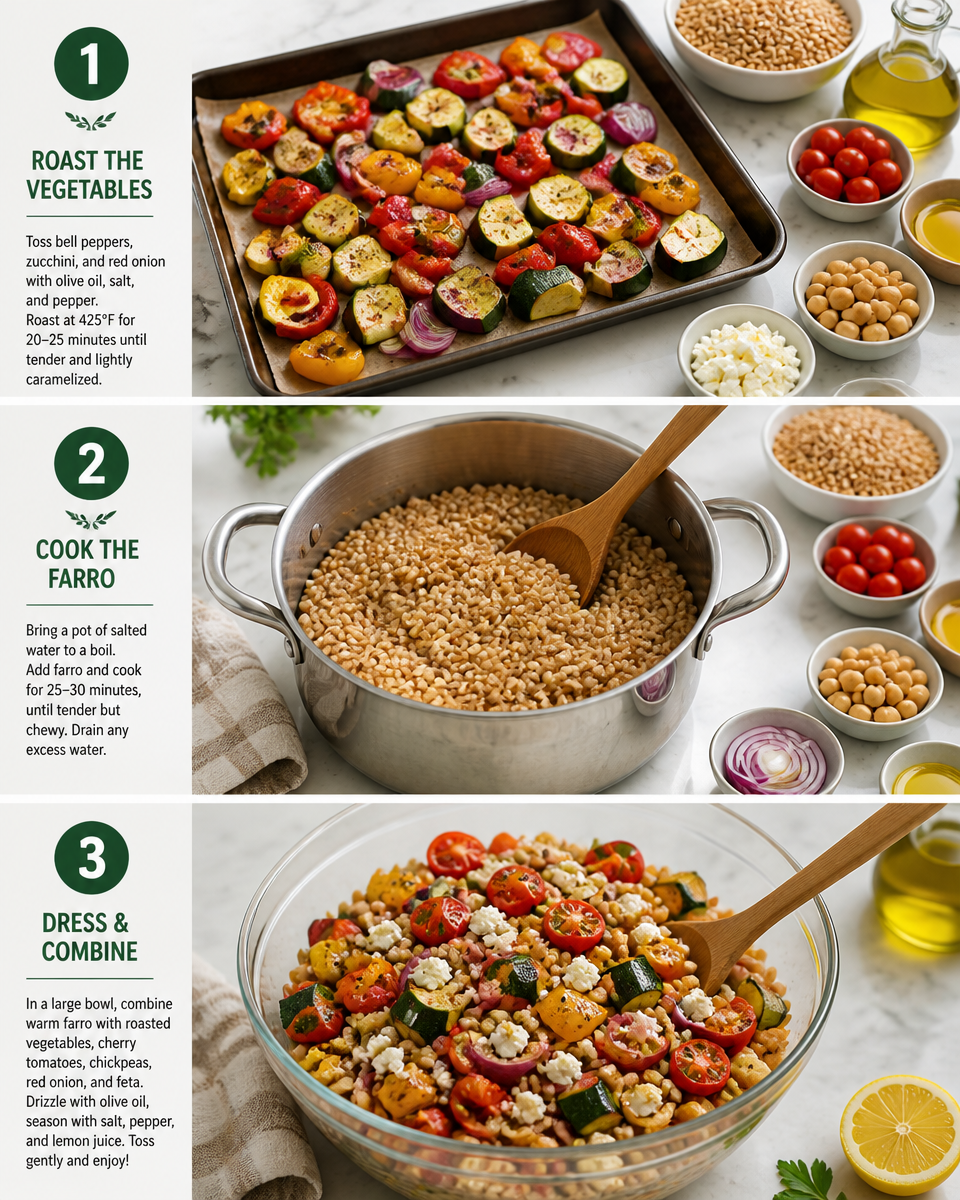 Easy Farro Salad Bowl — Roasted Veggie Feta