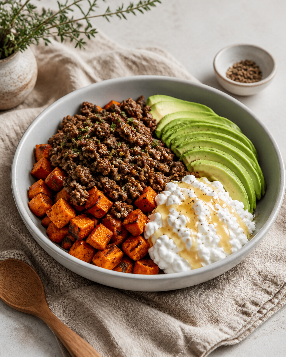 Hot Honey Cottage Cheese Sweet Potato Bowl