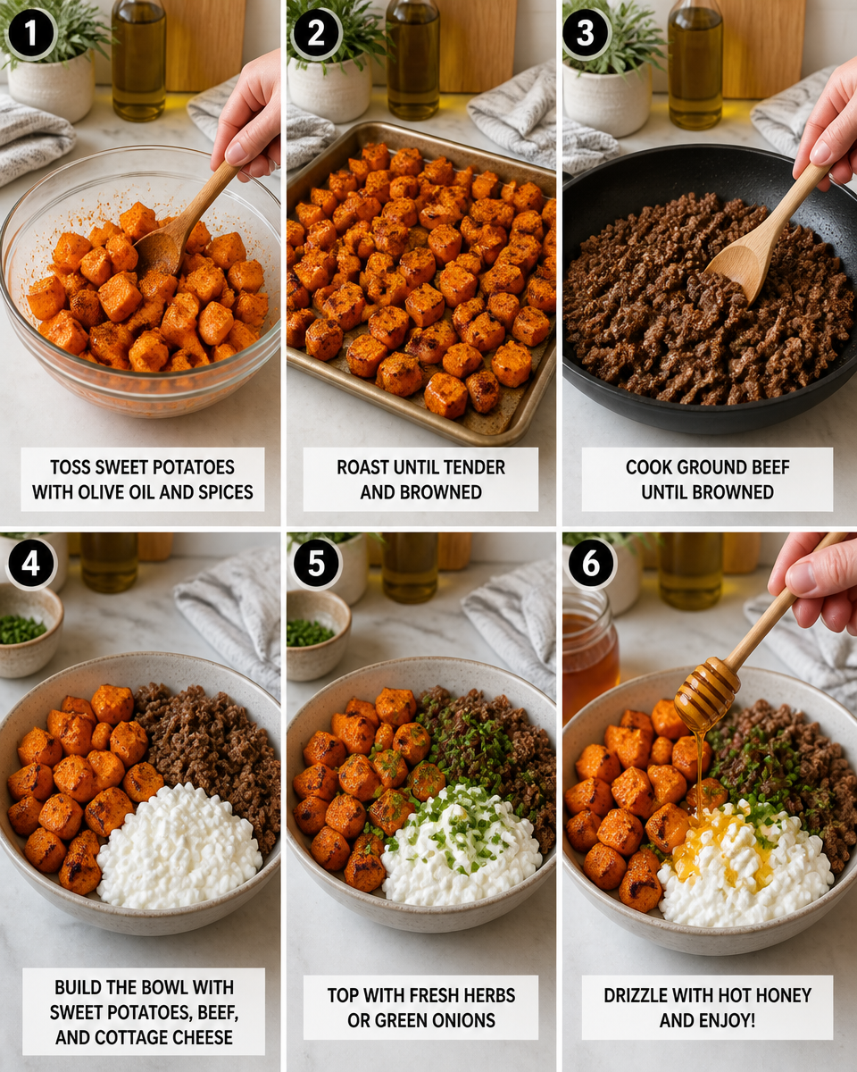Satisfying Hot Honey Cottage Cheese Sweet Potato Bowl Delight