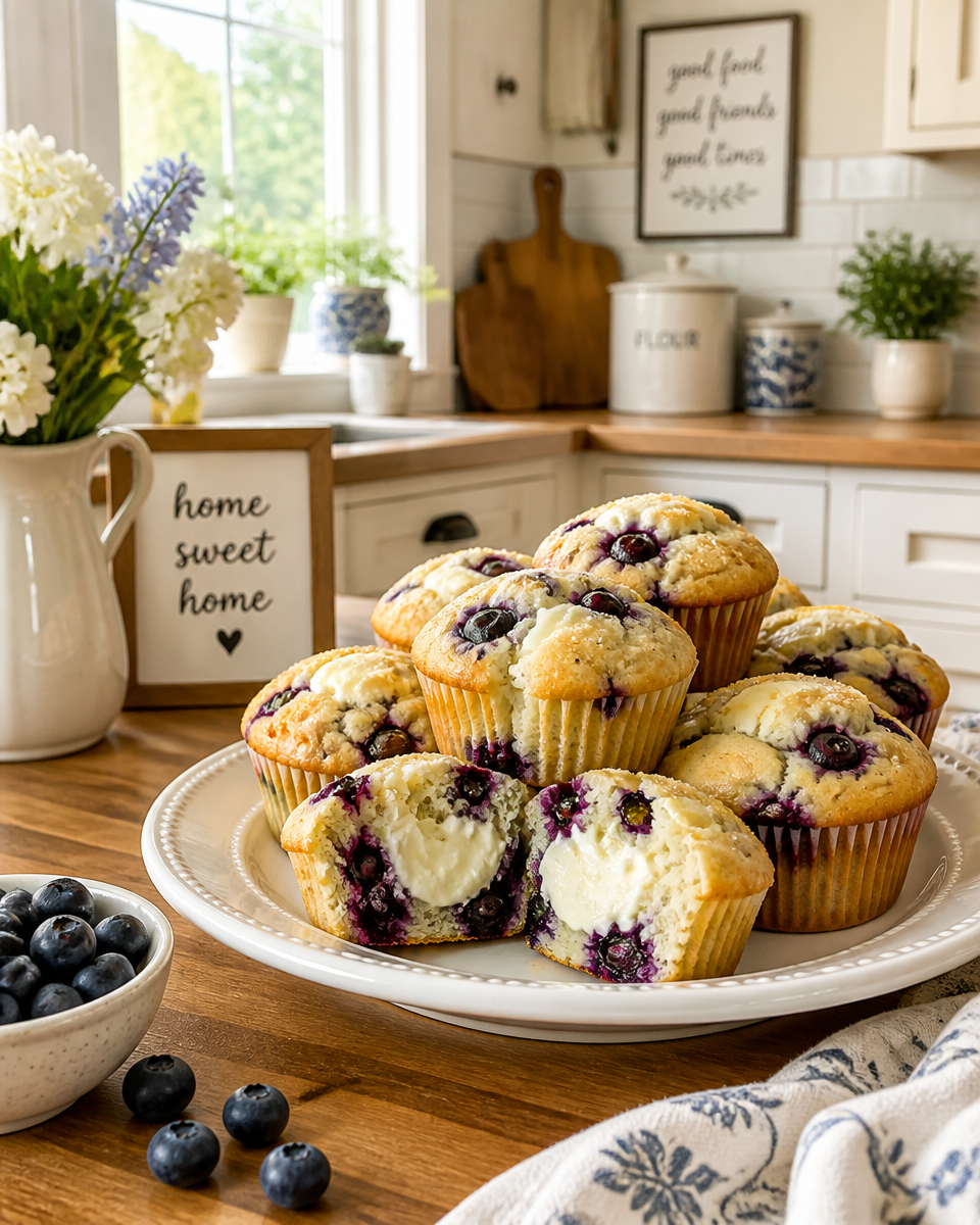 Cream Cheese Stuffed Blueberry Muffins
