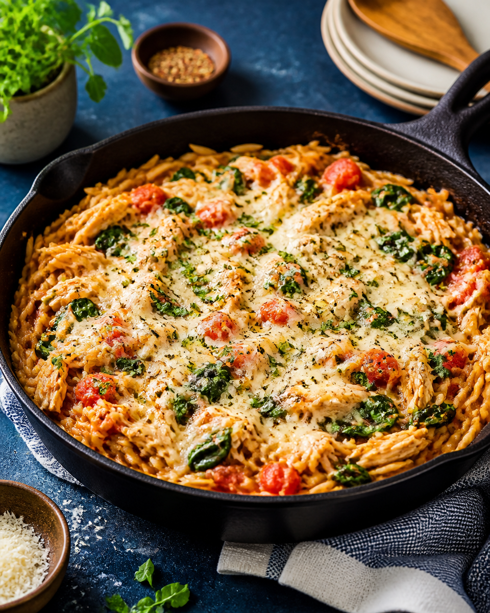 One Pan Spinach and Chicken Orzo Bake