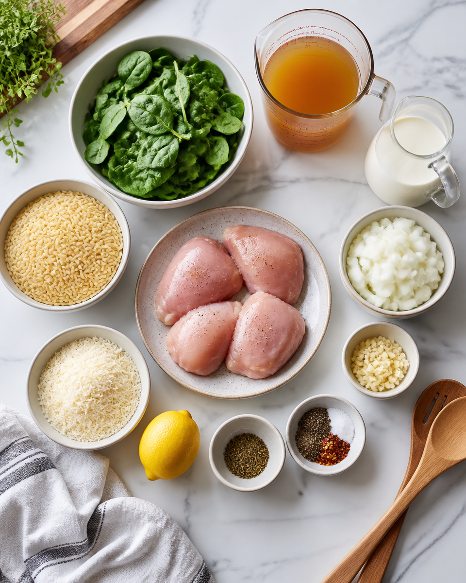 One Pan Spinach and Chicken Orzo Bake