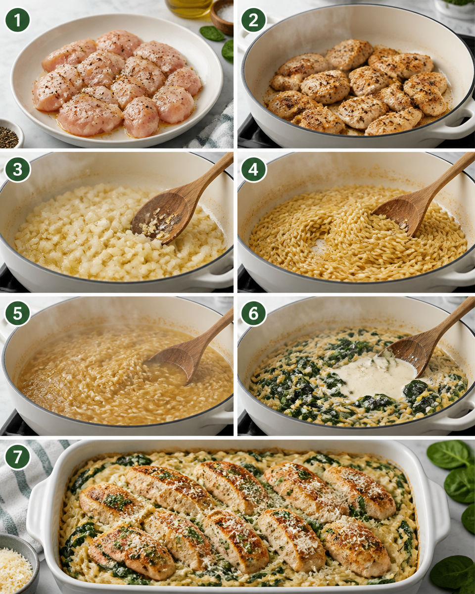 One Pan Spinach and Chicken Orzo Bake