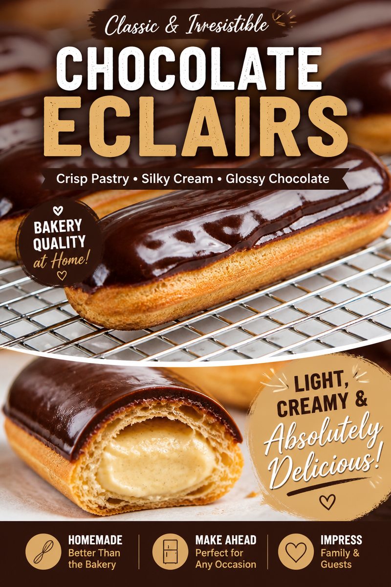 Easy Chocolate Eclairs — French Pastry Cream Filled