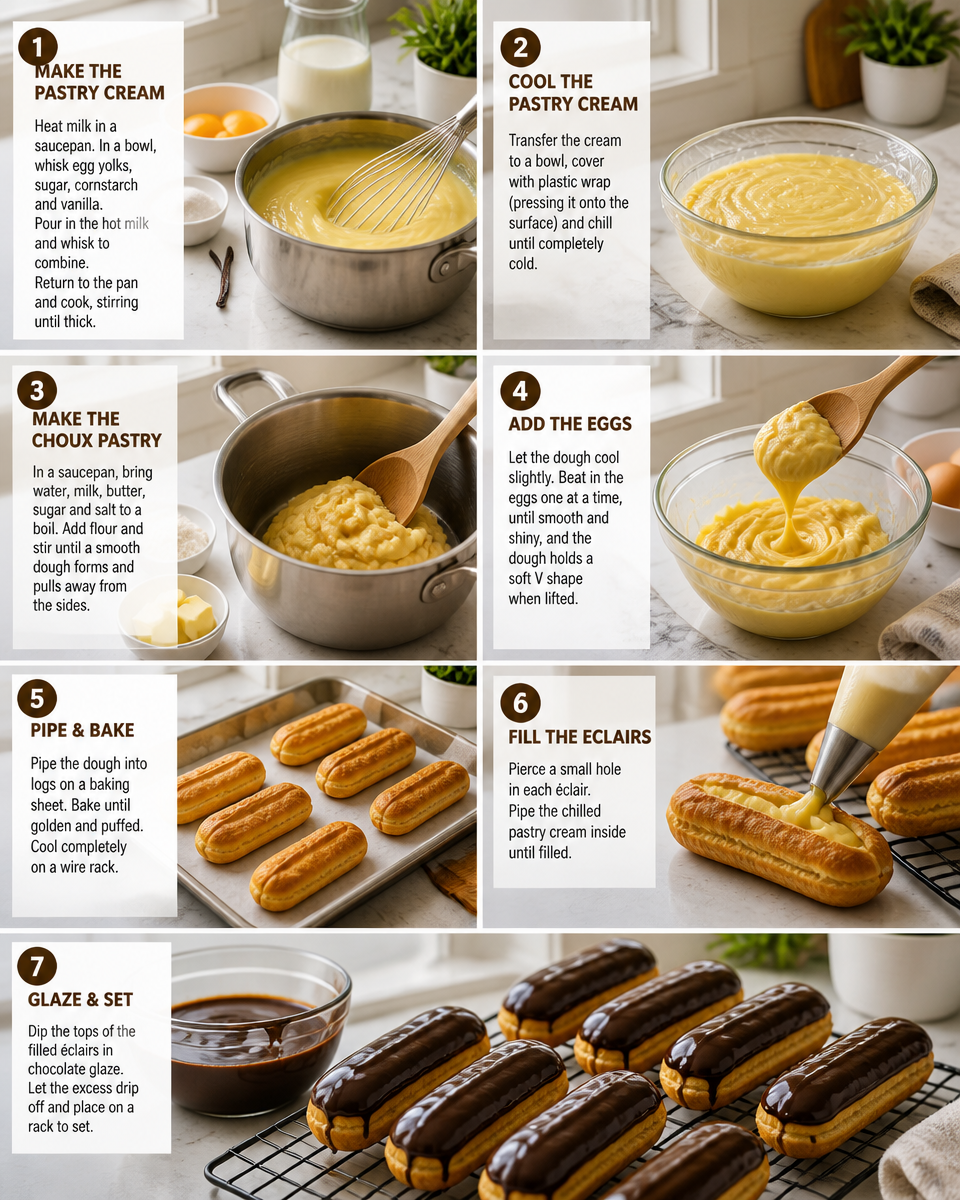 Easy Chocolate Eclairs — French Pastry Cream Filled