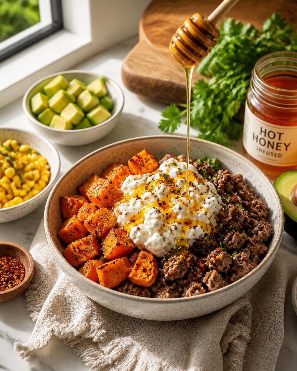 Hot Honey Cottage Cheese Sweet Potato Beef Bowl