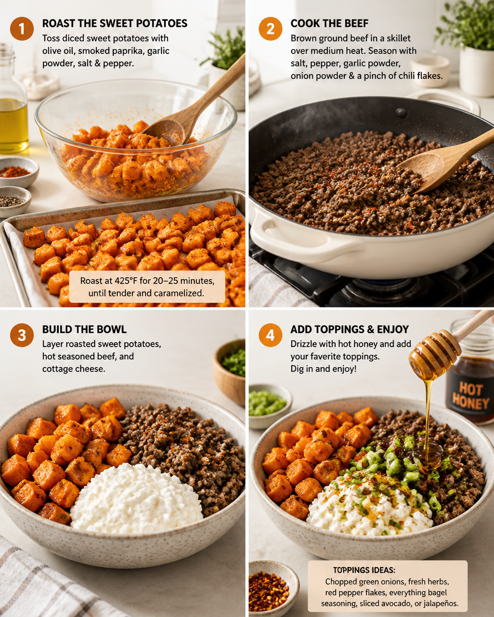 Hot Honey Cottage Cheese Sweet Potato Beef Bowl