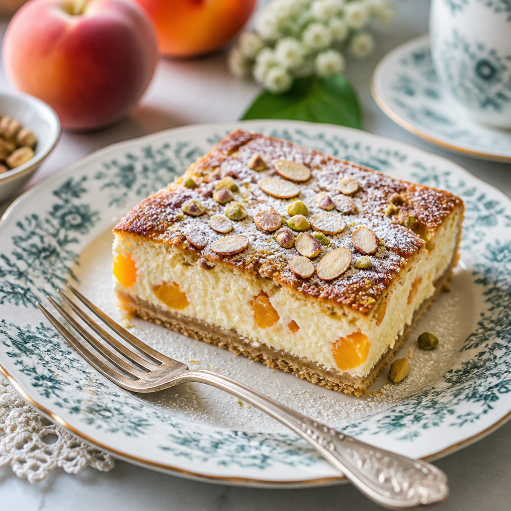 Old-Fashioned Creamy Peach Pistachio Ricotta Bars