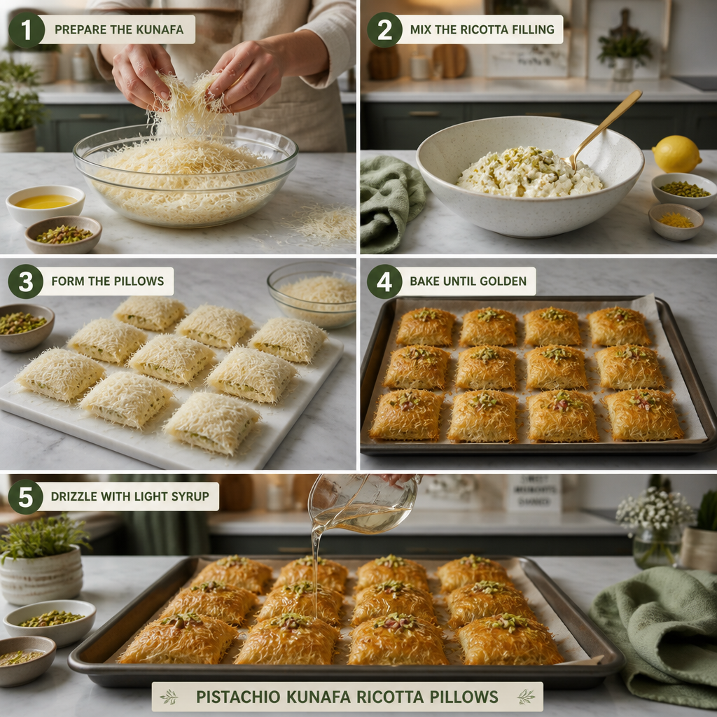 Savor the Delight of Pistachio Kunafa Ricotta Pillows Today