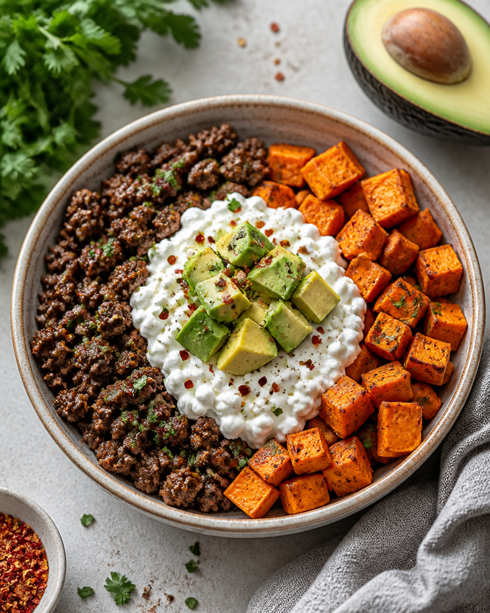Ground Beef and Cottage Cheese Skillet Bowl