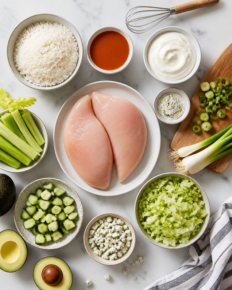 High Protein Buffalo Chicken Rice Bowl